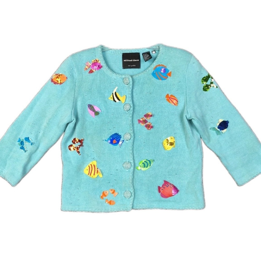 Vintage 1999 Michael Simon Fish Cardigan Sweater Womens S Beaded Sequin